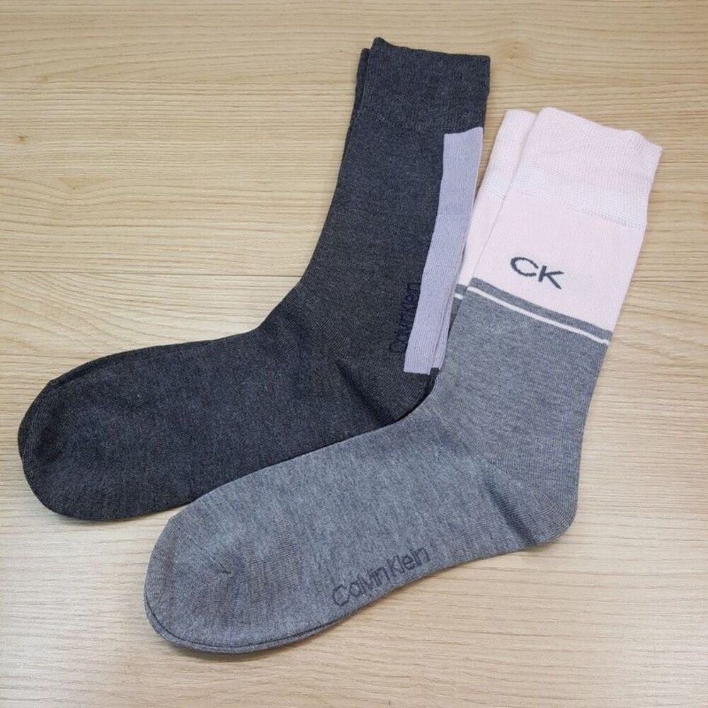 CALVIN KLEIN Mens Crew Dress Socks Gray 2-Pack Purple Pink Colorblock Stripe